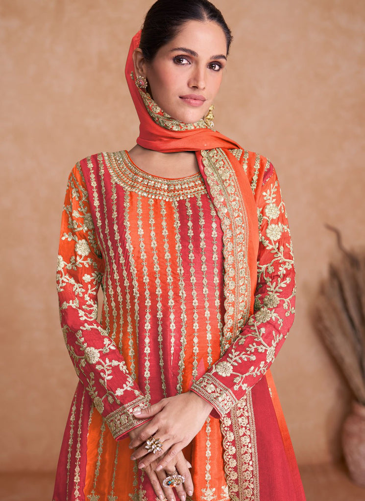 Orange Colour Chinon Fabric Partywear Palazzo Suit
