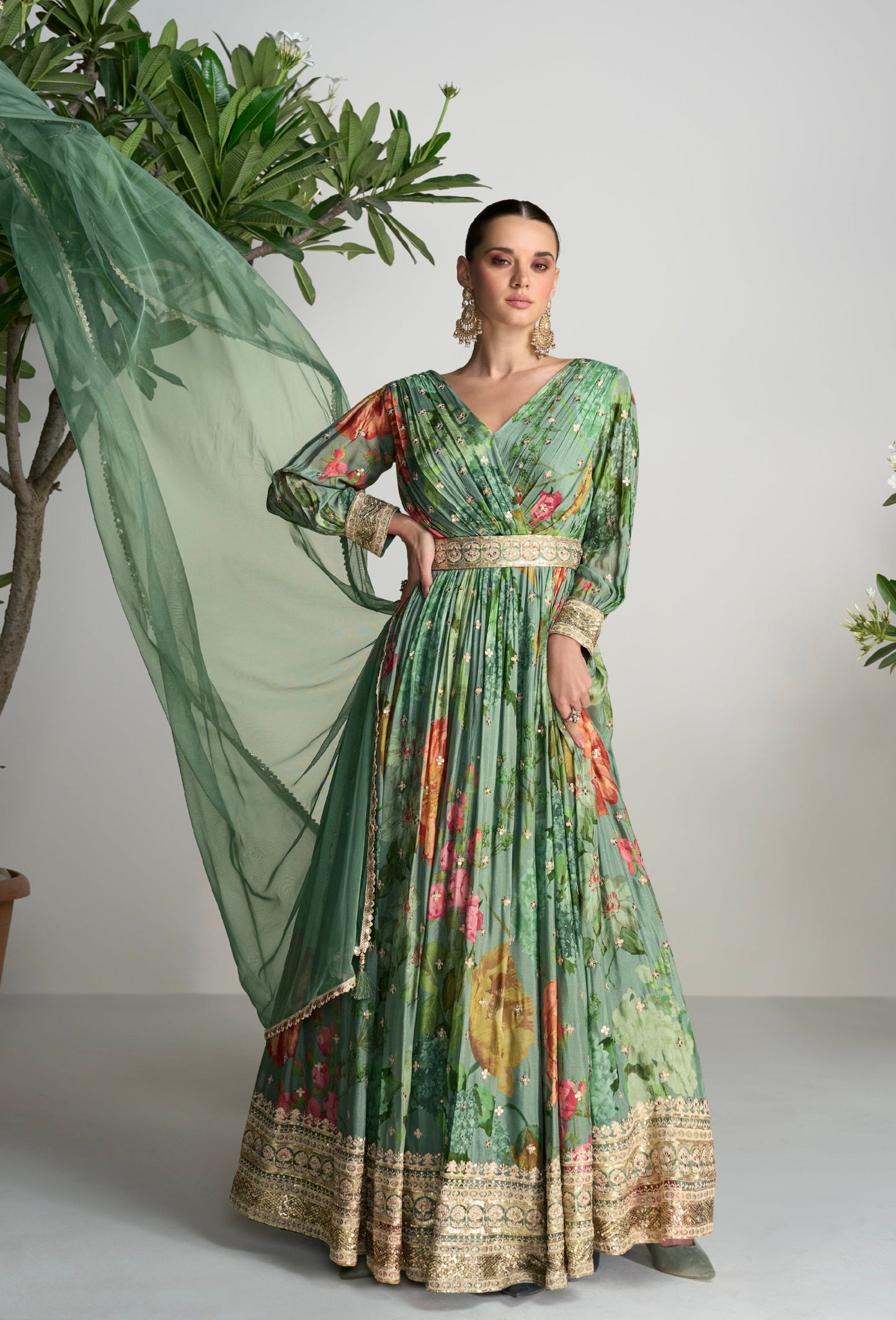 Green Color Partywear Silk Fabric Anarkali Gown