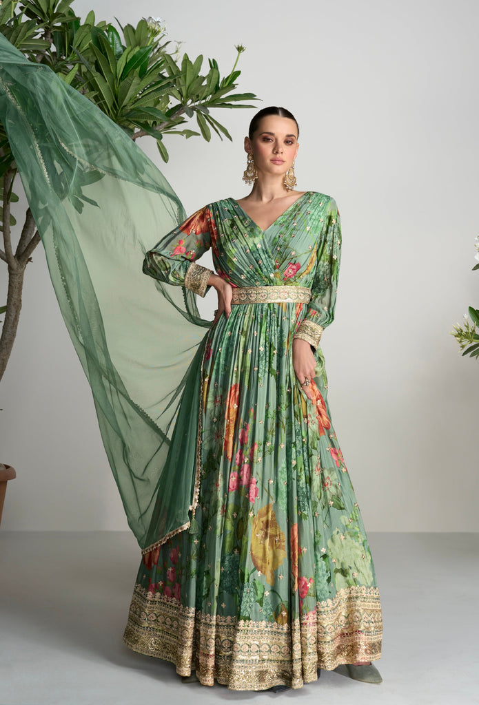 Green Color Partywear Silk Fabric Anarkali Gown