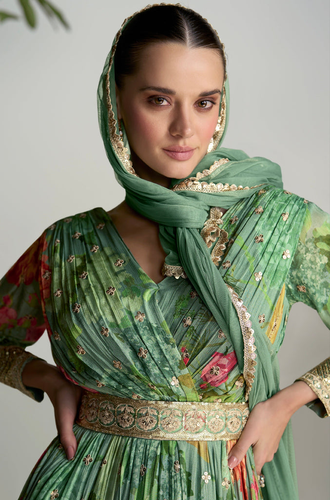 Green Color Partywear Silk Fabric Anarkali Gown