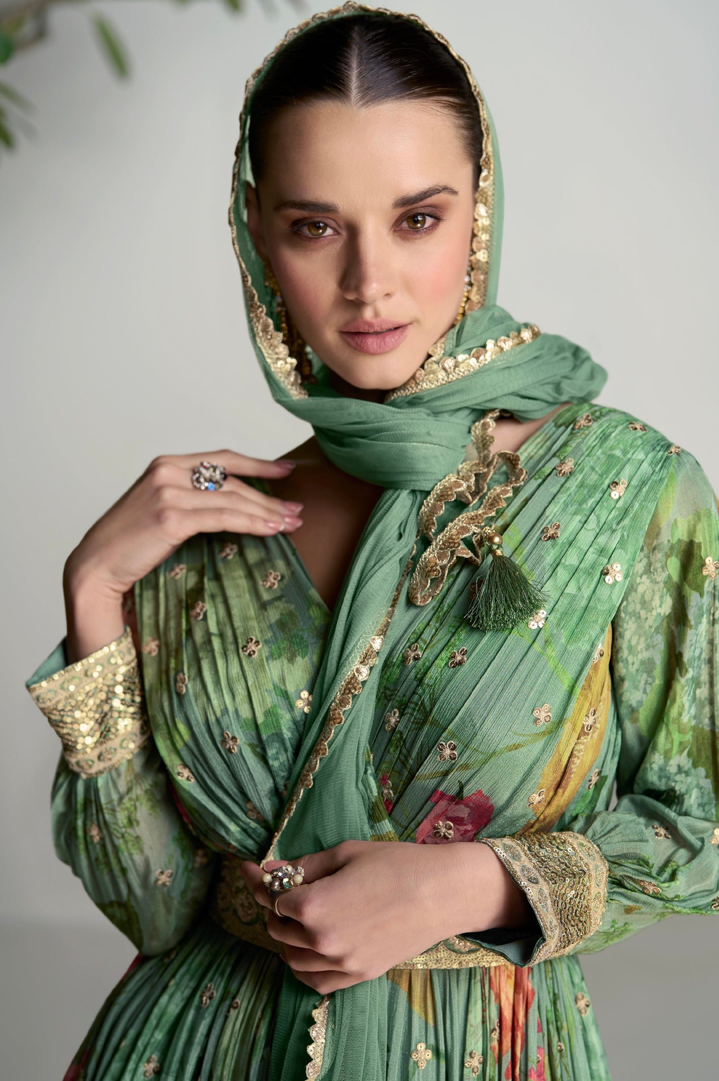 Green Color Partywear Silk Fabric Anarkali Gown