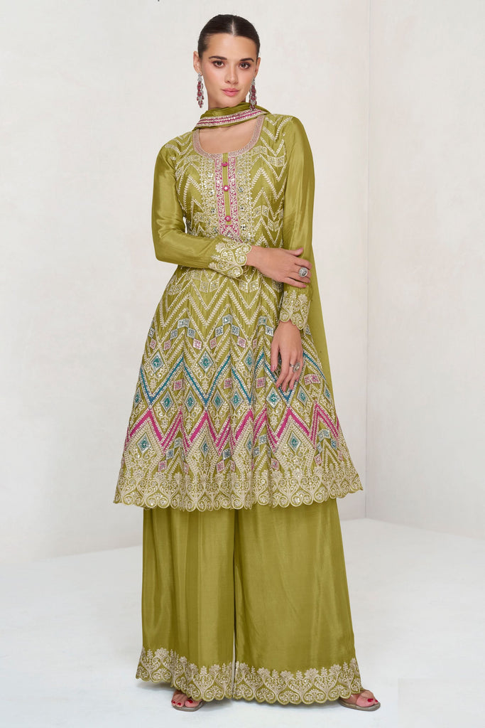 Parrot Color Partywear Embroidery Kurta Palazzo Set