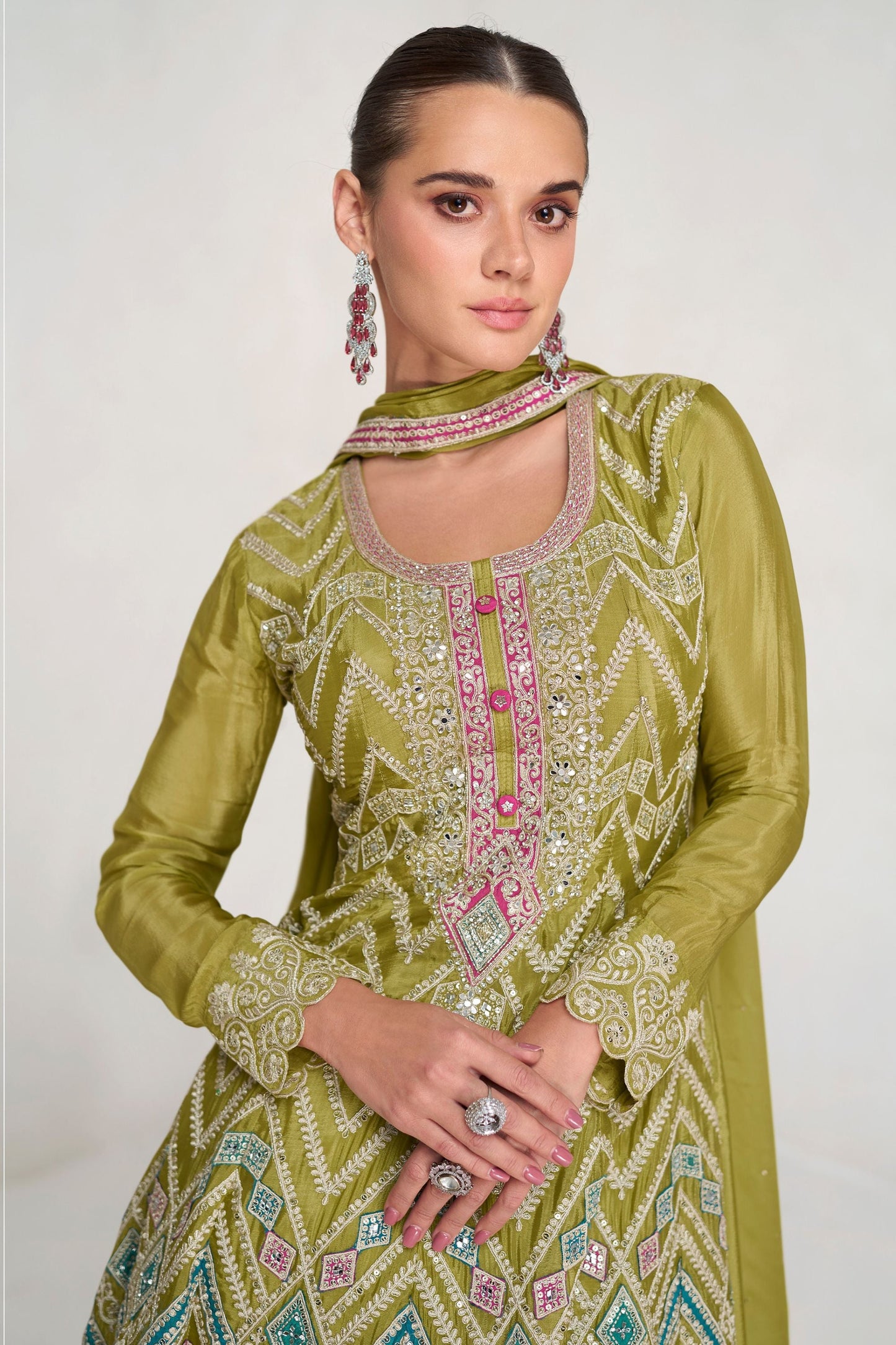 Parrot Color Partywear Embroidery Kurta Palazzo Set