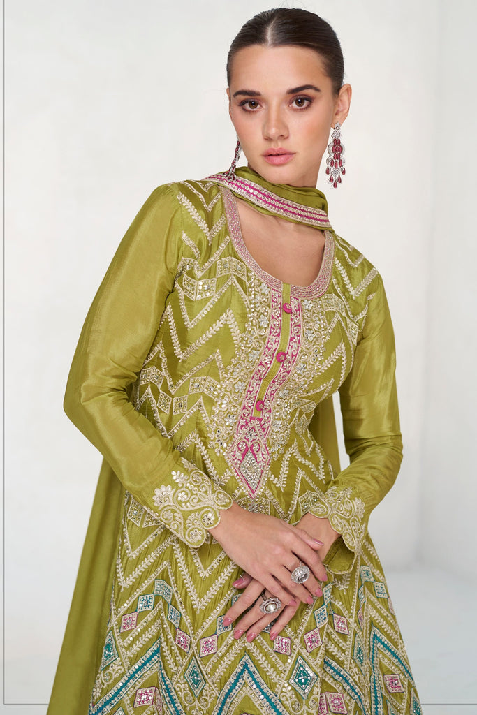 Parrot Color Partywear Embroidery Kurta Palazzo Set