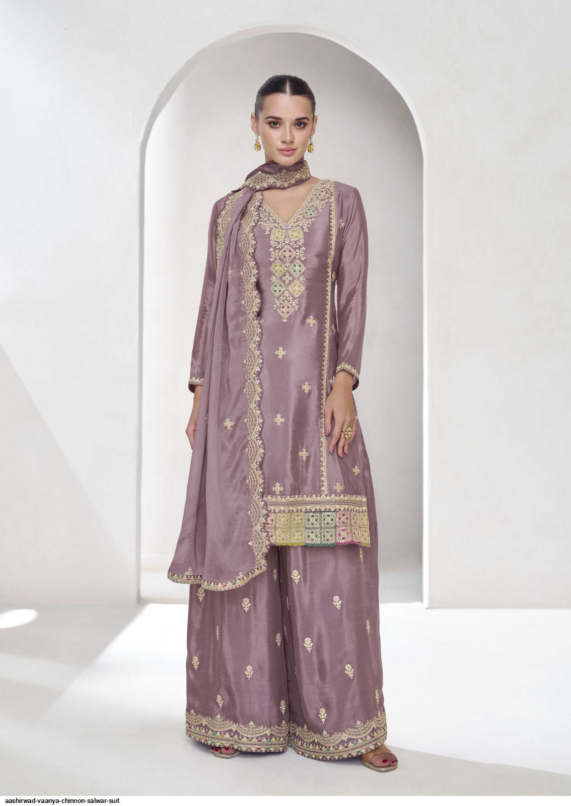 Partywear Purple Color Embroidery Kurta Palazzo Set