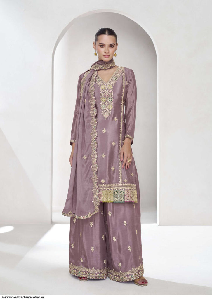 Partywear Purple Color Embroidery Kurta Palazzo Set