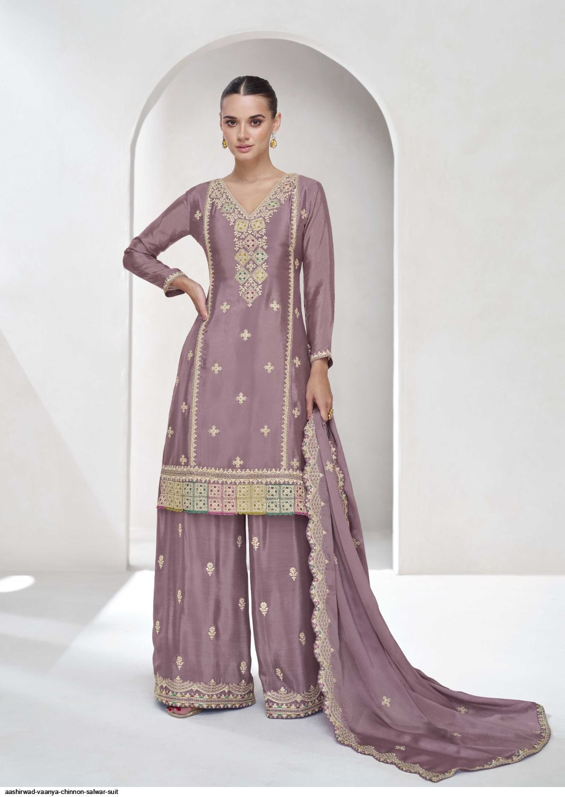 Partywear Purple Color Embroidery Kurta Palazzo Set