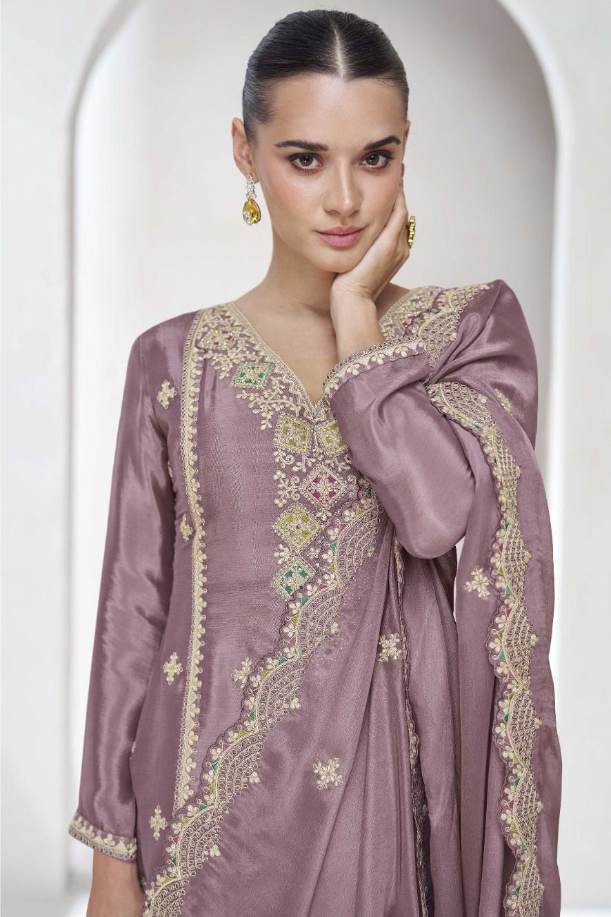 Partywear Purple Color Embroidery Kurta Palazzo Set
