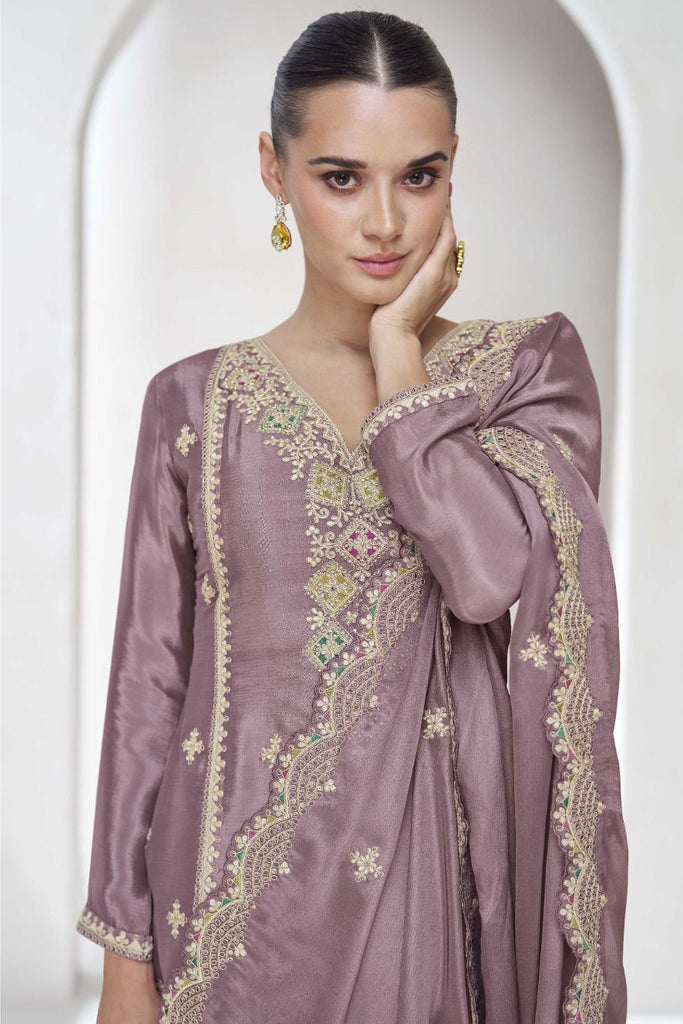 Partywear Purple Color Embroidery Kurta Palazzo Set