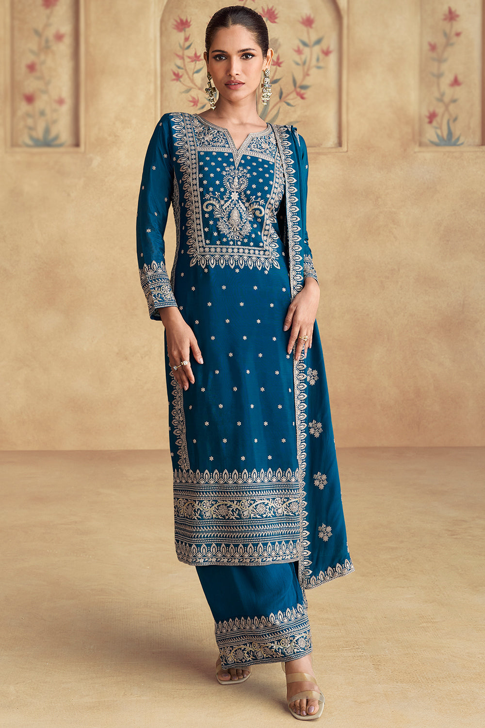 Rama Coluer Partywear Chinon Kurta Palazzo Set