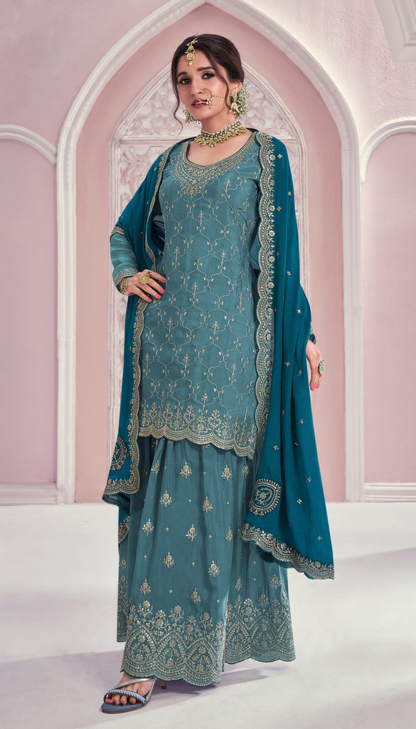 Blue Coluer Partywear Embroidery Kurta Palazzo Set