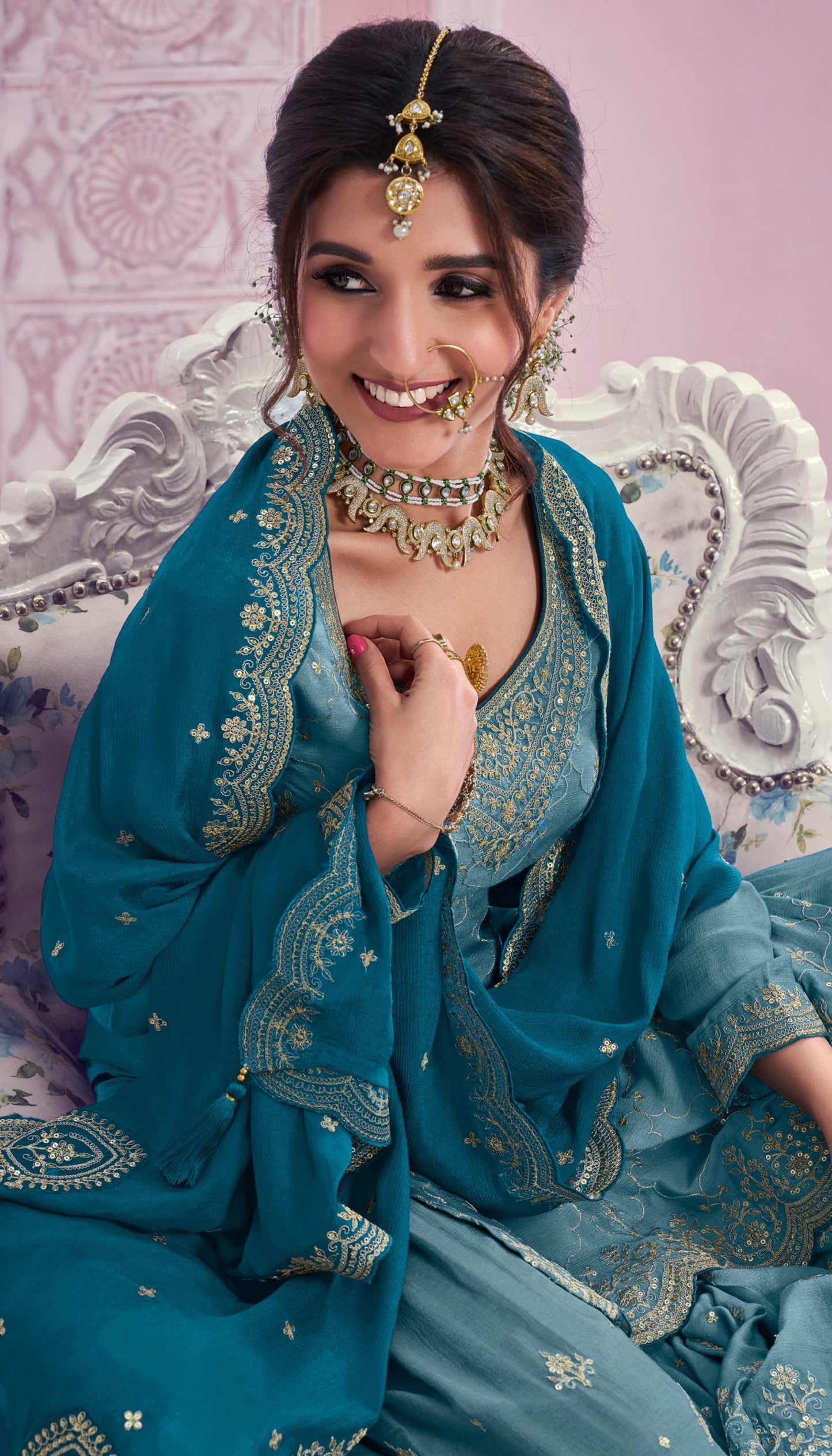 Blue Coluer Partywear Embroidery Kurta Palazzo Set