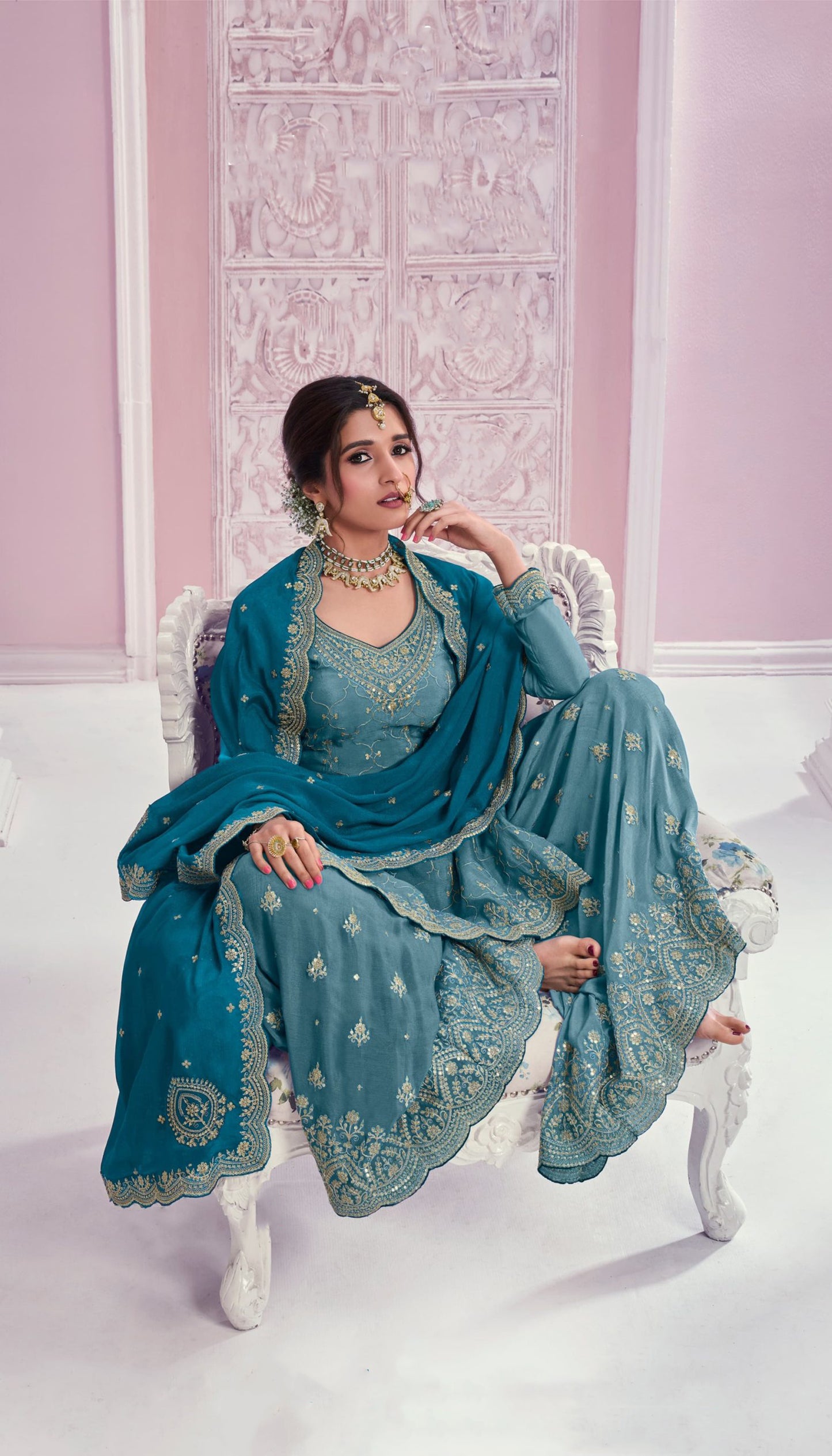 Blue Coluer Partywear Embroidery Kurta Palazzo Set