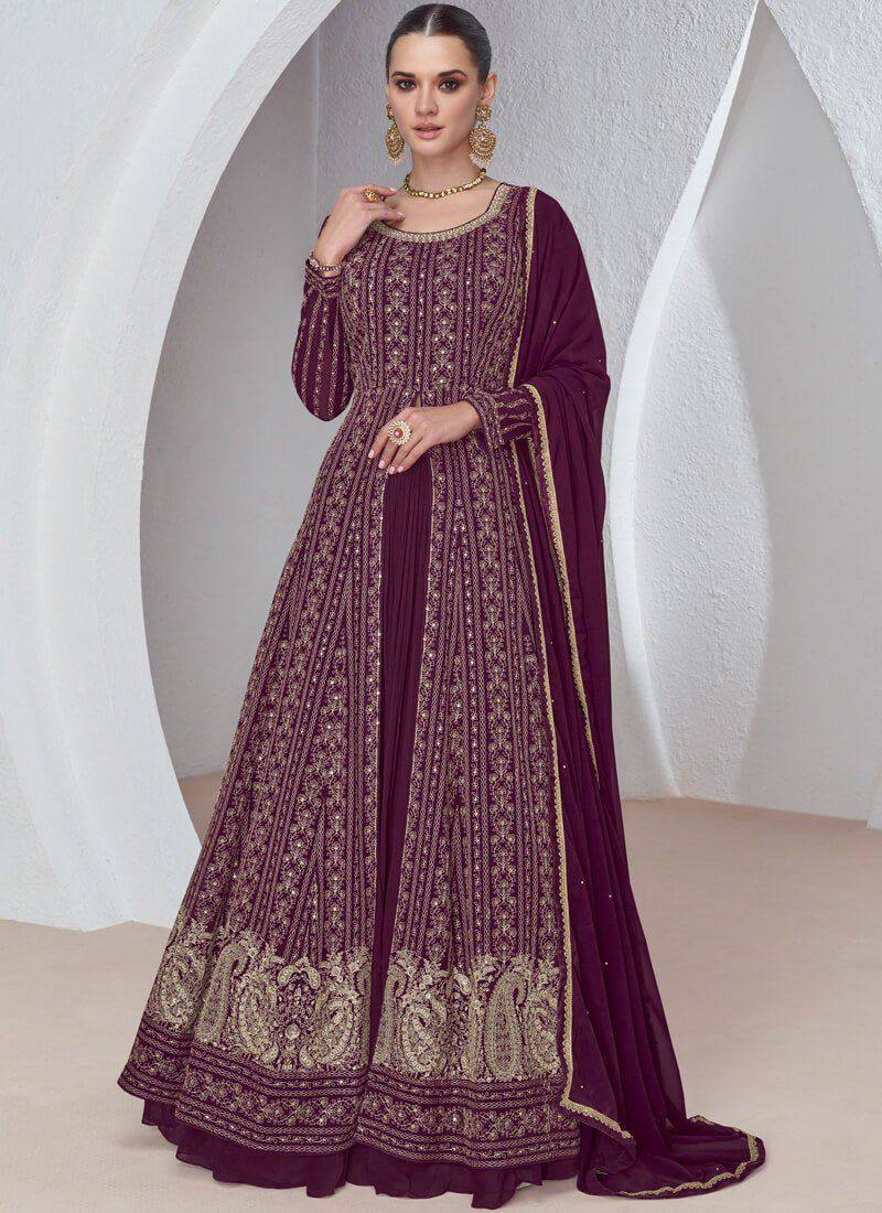 Wine Viscose Silk Embroidery Lehenga Gown Suit