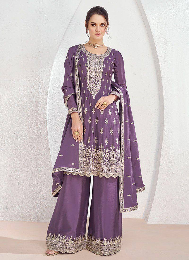 Wine Color Chinon Fabric Embroidery Palazzo Salwar Suit