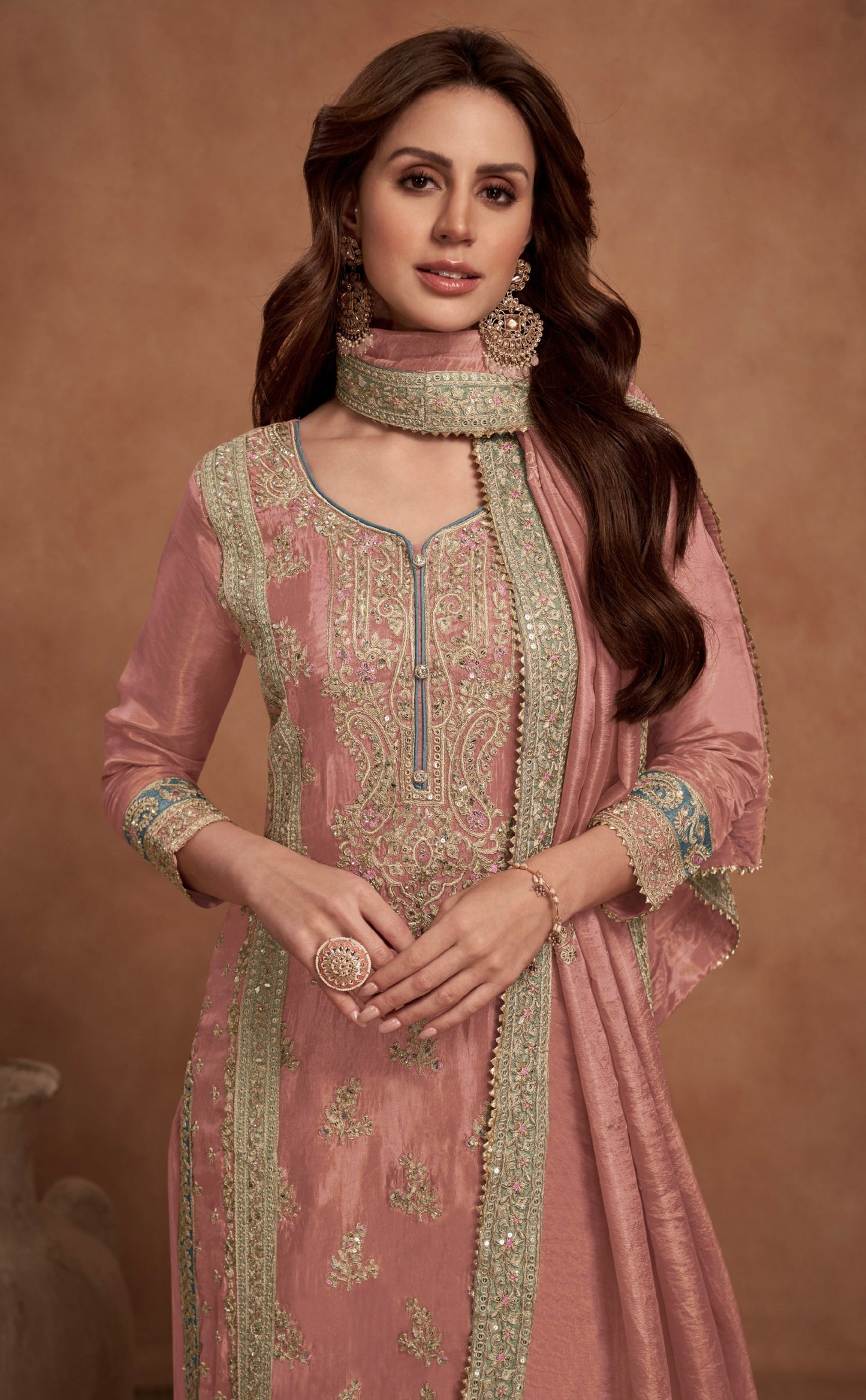 Peach Coluer Partywear Kurta Palazzo Suit