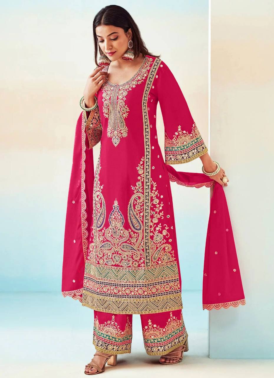 Chinon Fabric Partywear Embroidery Palazzo Suit