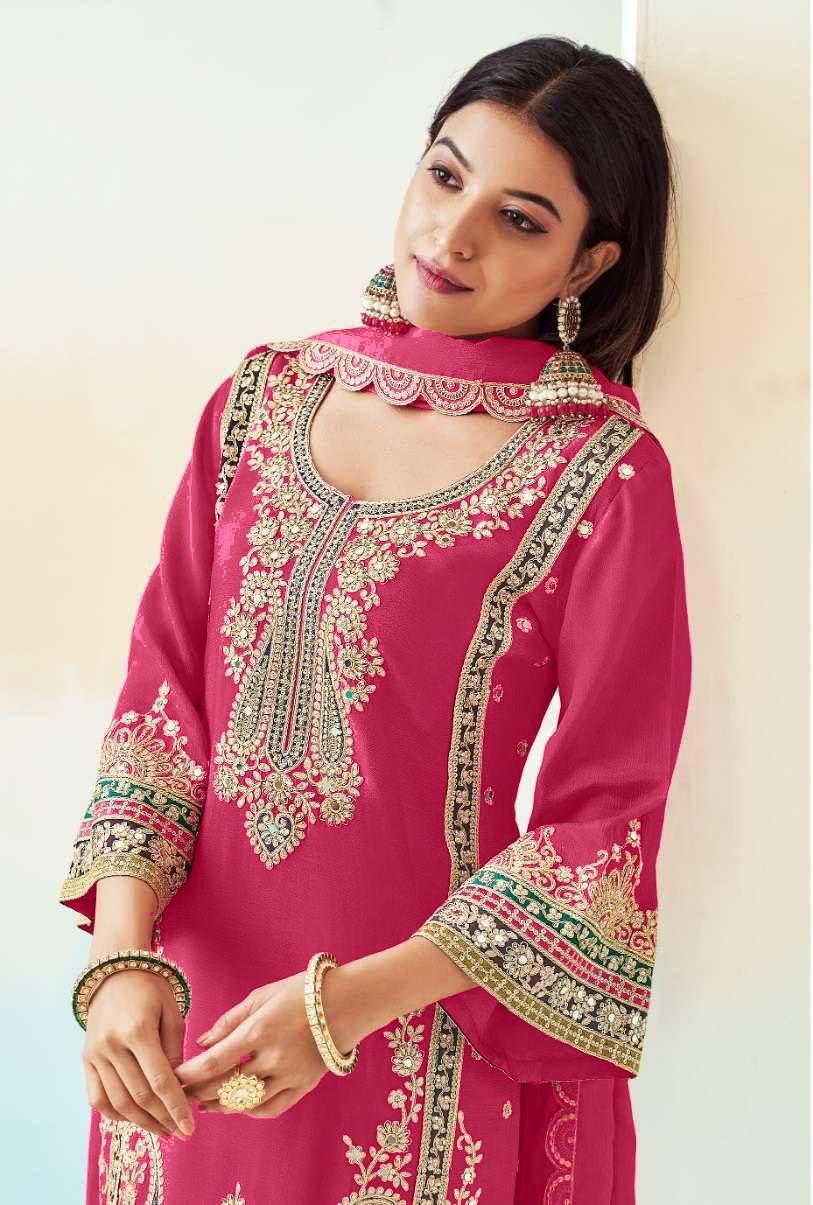 Chinon Fabric Partywear Embroidery Palazzo Suit