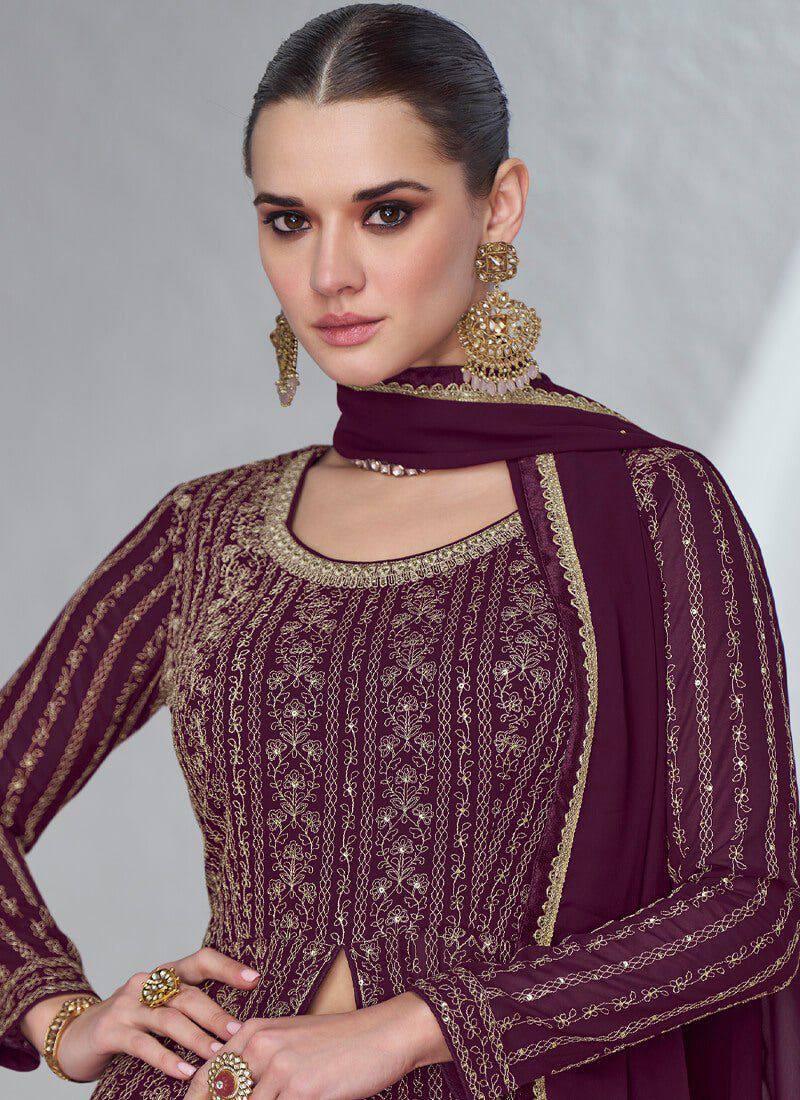 Wine Viscose Silk Embroidery Lehenga Gown Suit