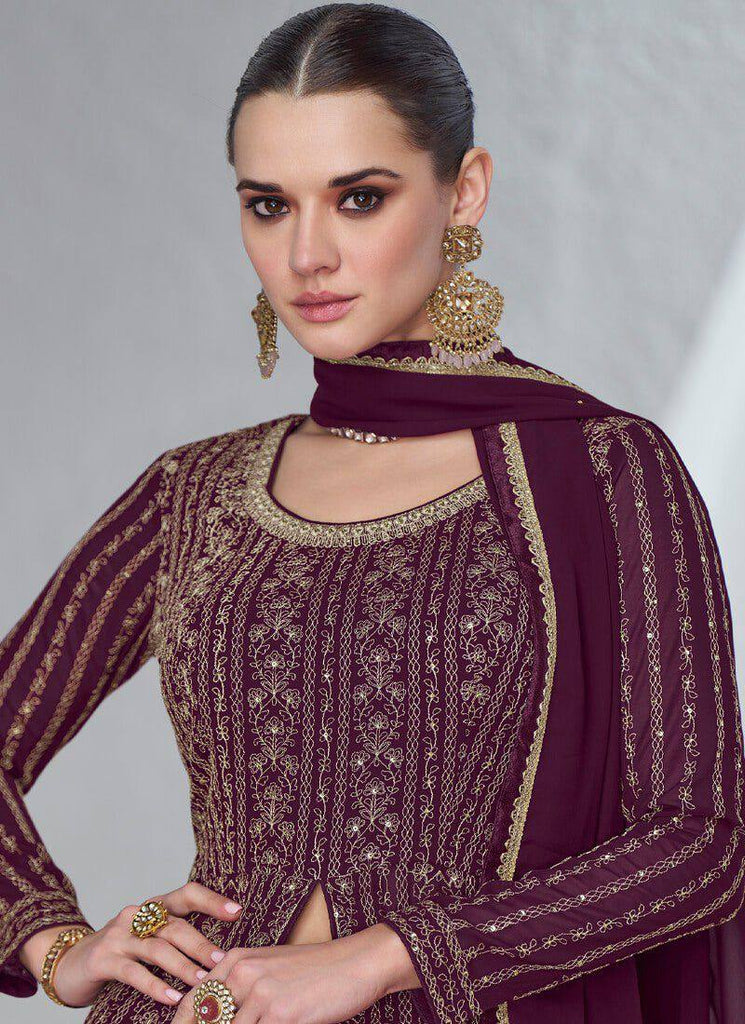 Wine Viscose Silk Embroidery Lehenga Gown Suit