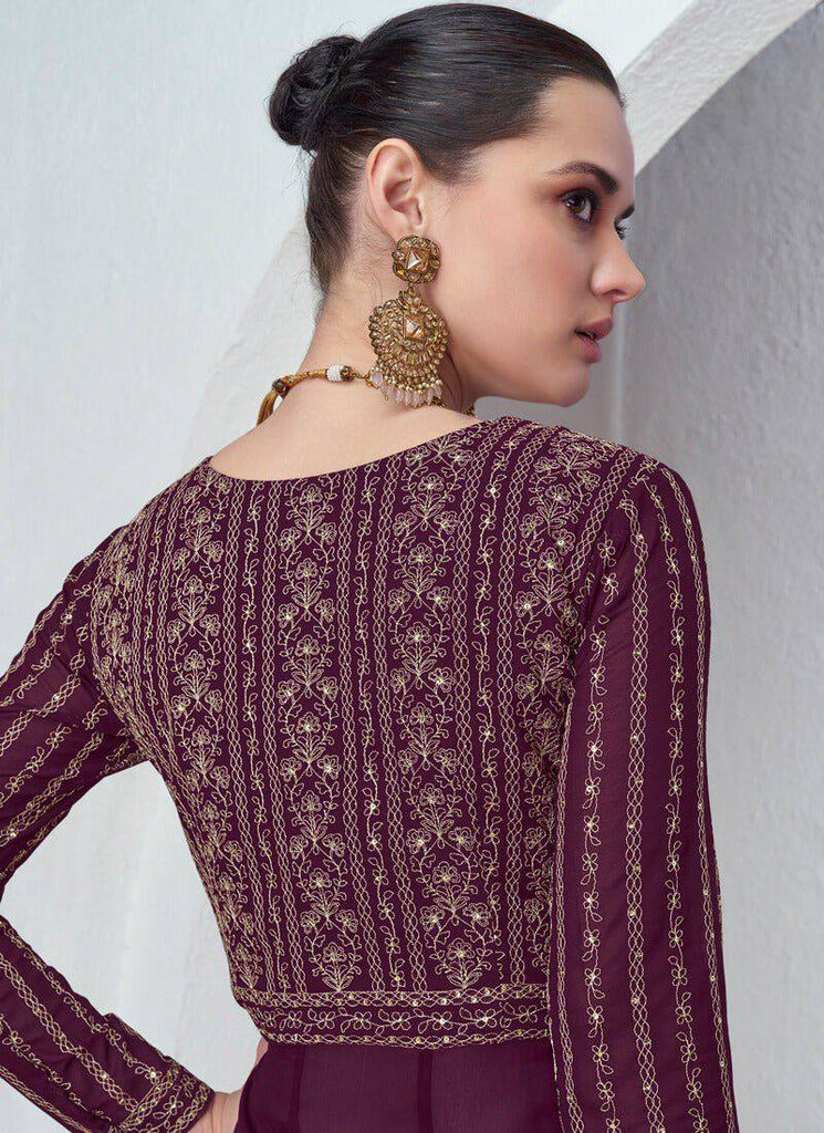 Wine Viscose Silk Embroidery Lehenga Gown Suit