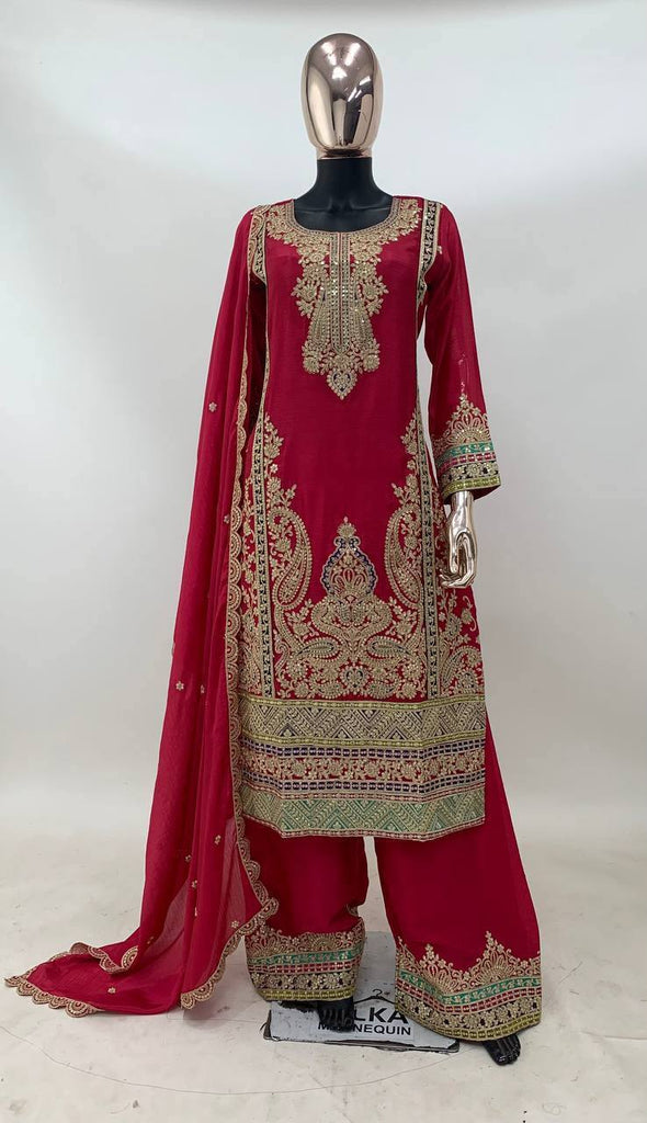 Chinon Fabric Partywear Embroidery Palazzo Suit