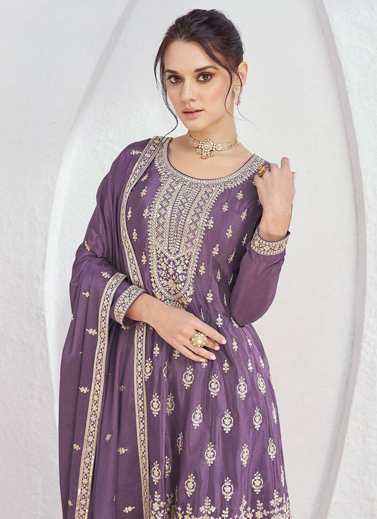 Wine Color Chinon Fabric Embroidery Palazzo Salwar Suit