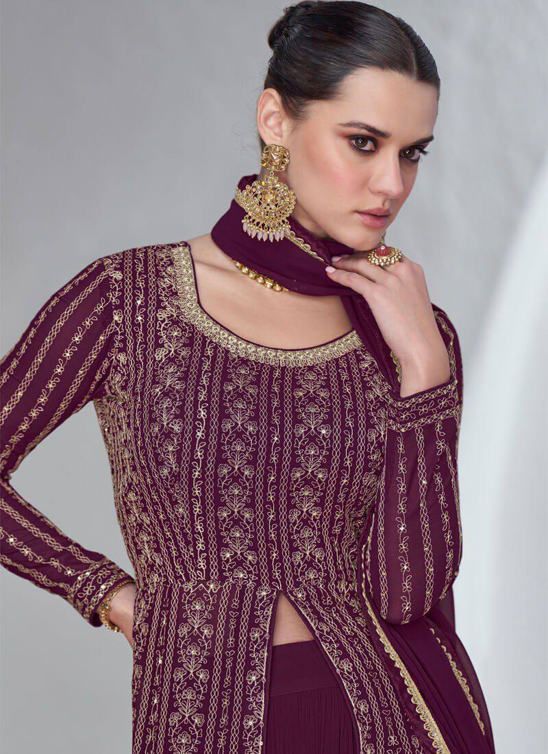 Wine Viscose Silk Embroidery Lehenga Gown Suit