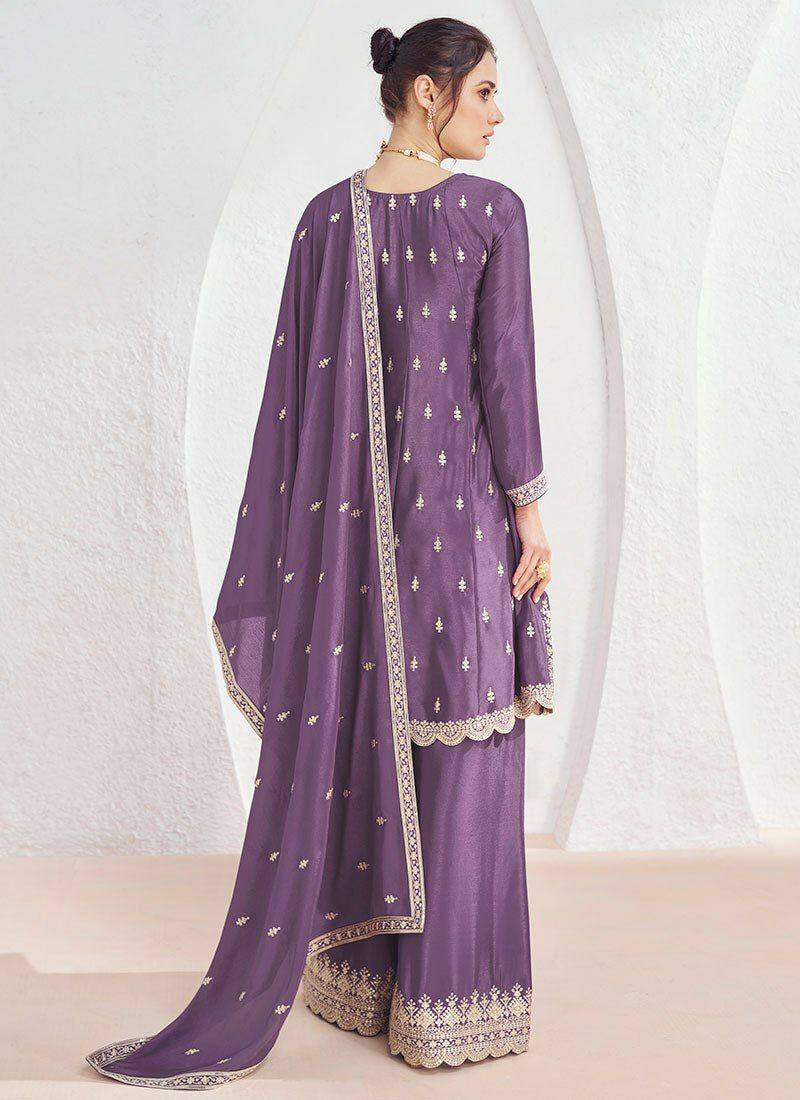 Wine Color Chinon Fabric Embroidery Palazzo Salwar Suit