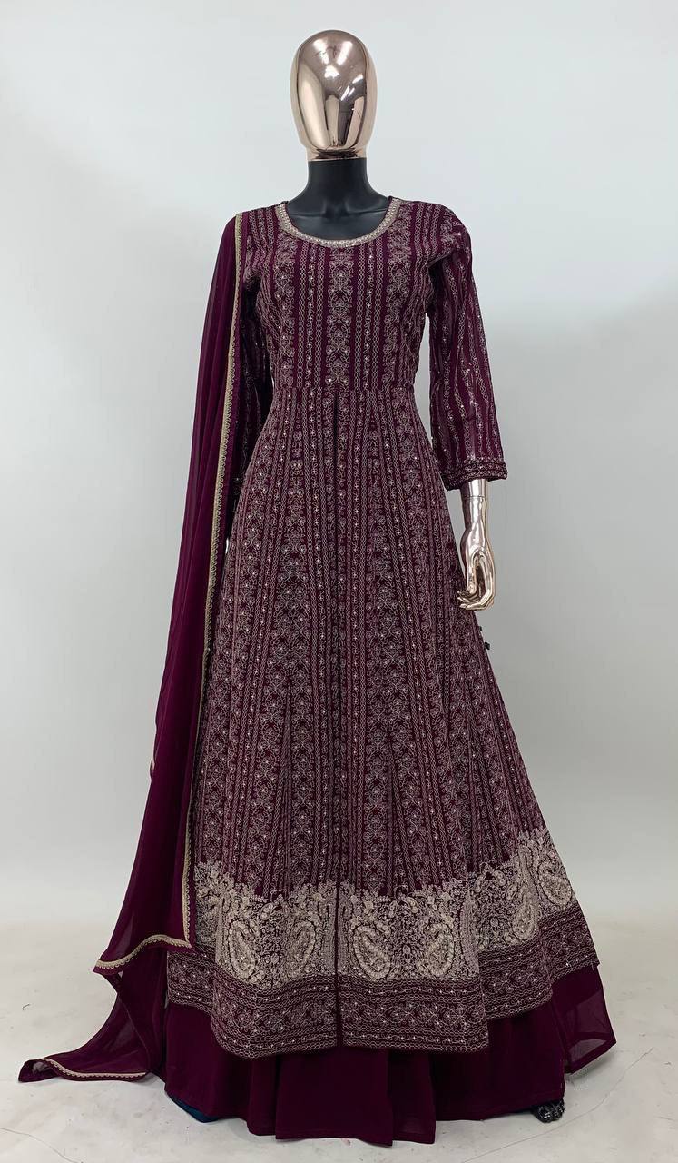 Wine Viscose Silk Embroidery Lehenga Gown Suit