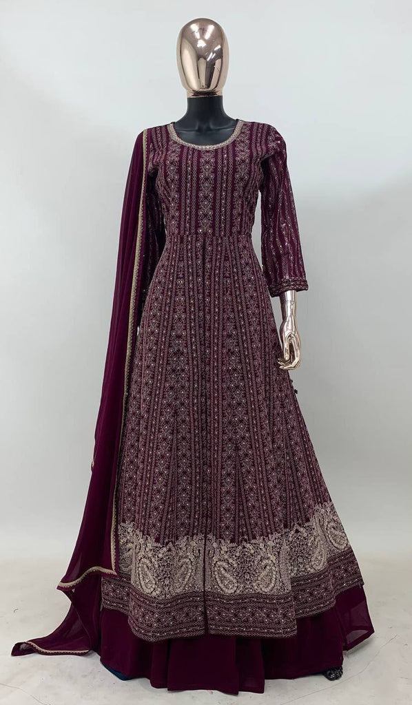 Wine Viscose Silk Embroidery Lehenga Gown Suit