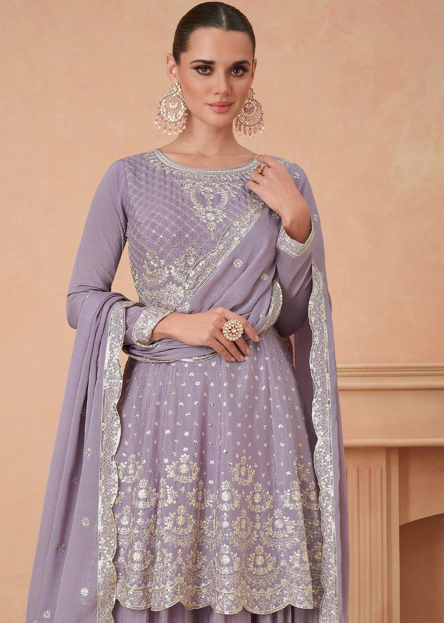 Purpal Colour Chinon Fabric Partywear Sharara Salwar Suit