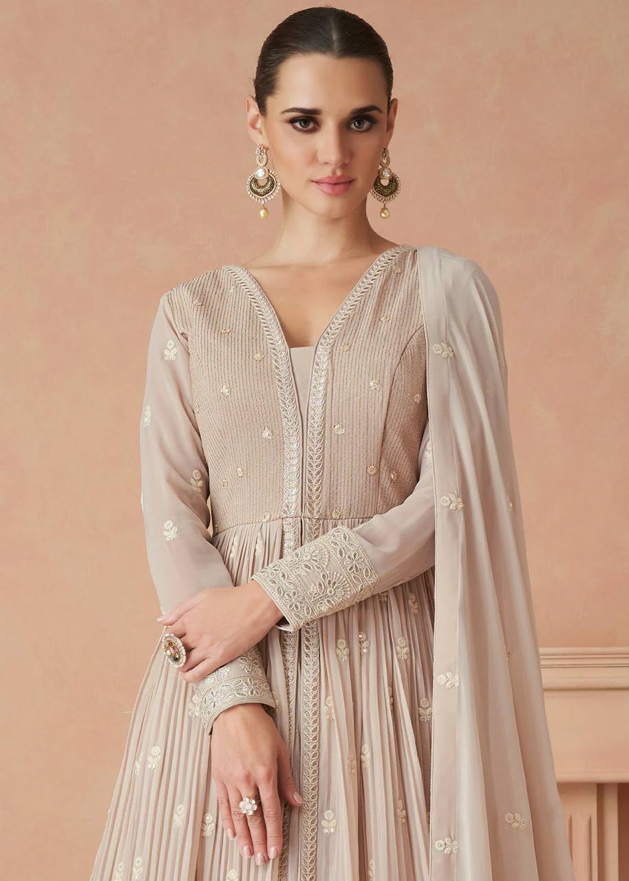 Beige Colour Partywear Embroidery Anarkali Dress