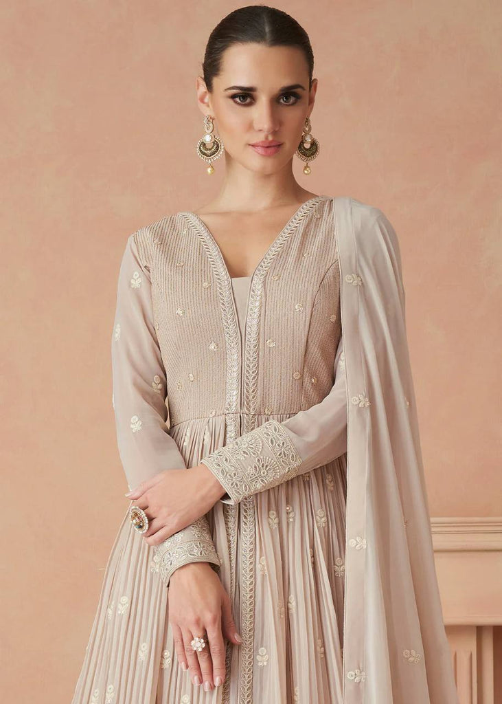 Beige Colour Partywear Embroidery Anarkali Dress