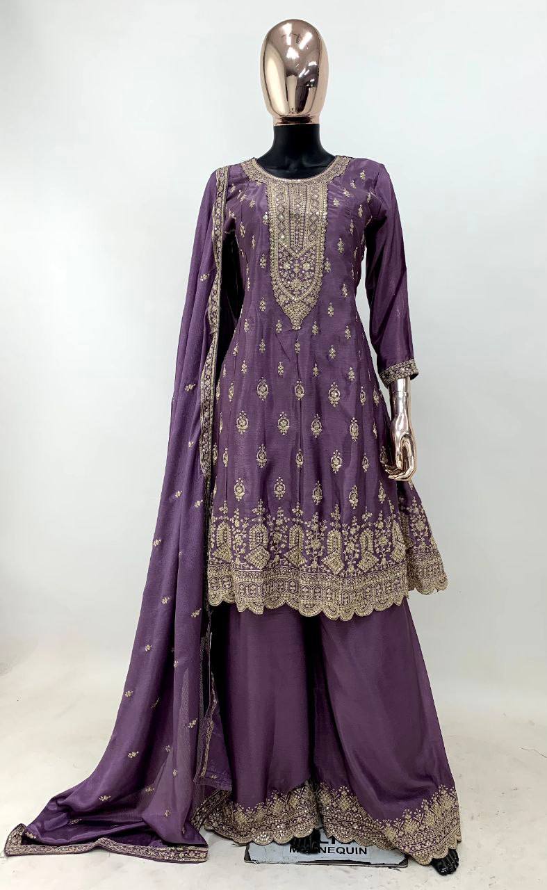 Wine Color Chinon Fabric Embroidery Palazzo Salwar Suit