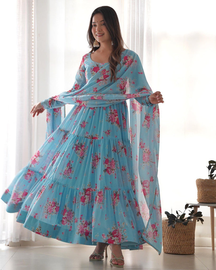 PURE SOFT FOX GEORGETTE FLORAL PRINT READY TO WEAR ANARKALI