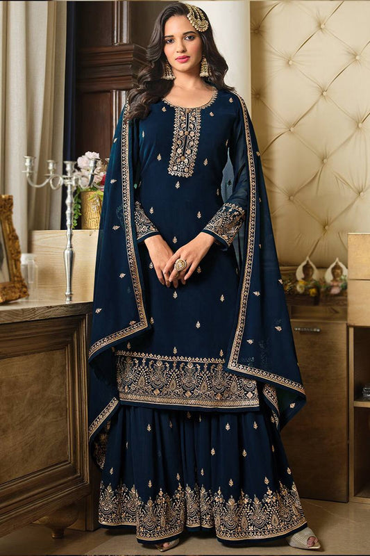 Navy Blue Partywear Salwar Kameez Sharara suit