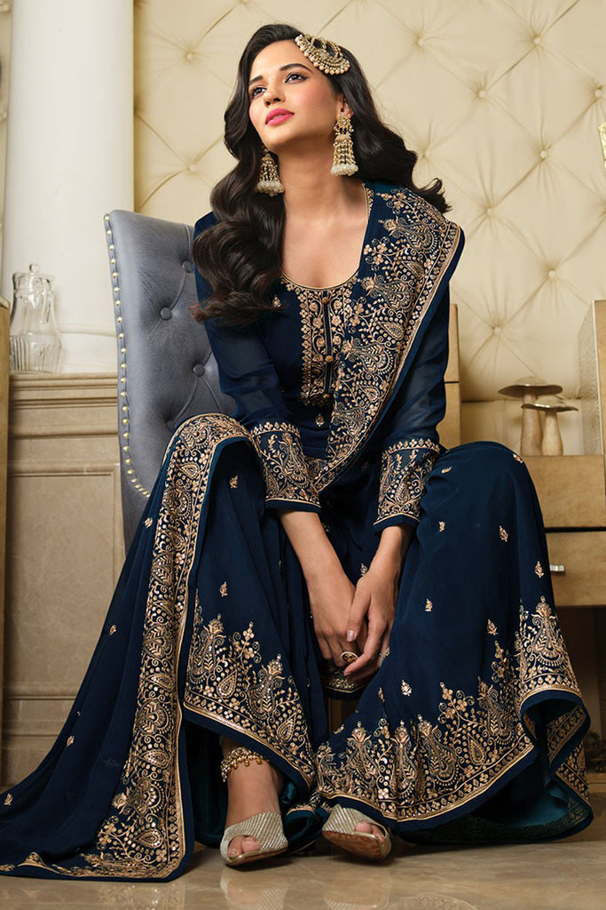 Navy Blue Partywear Salwar Kameez Sharara suit