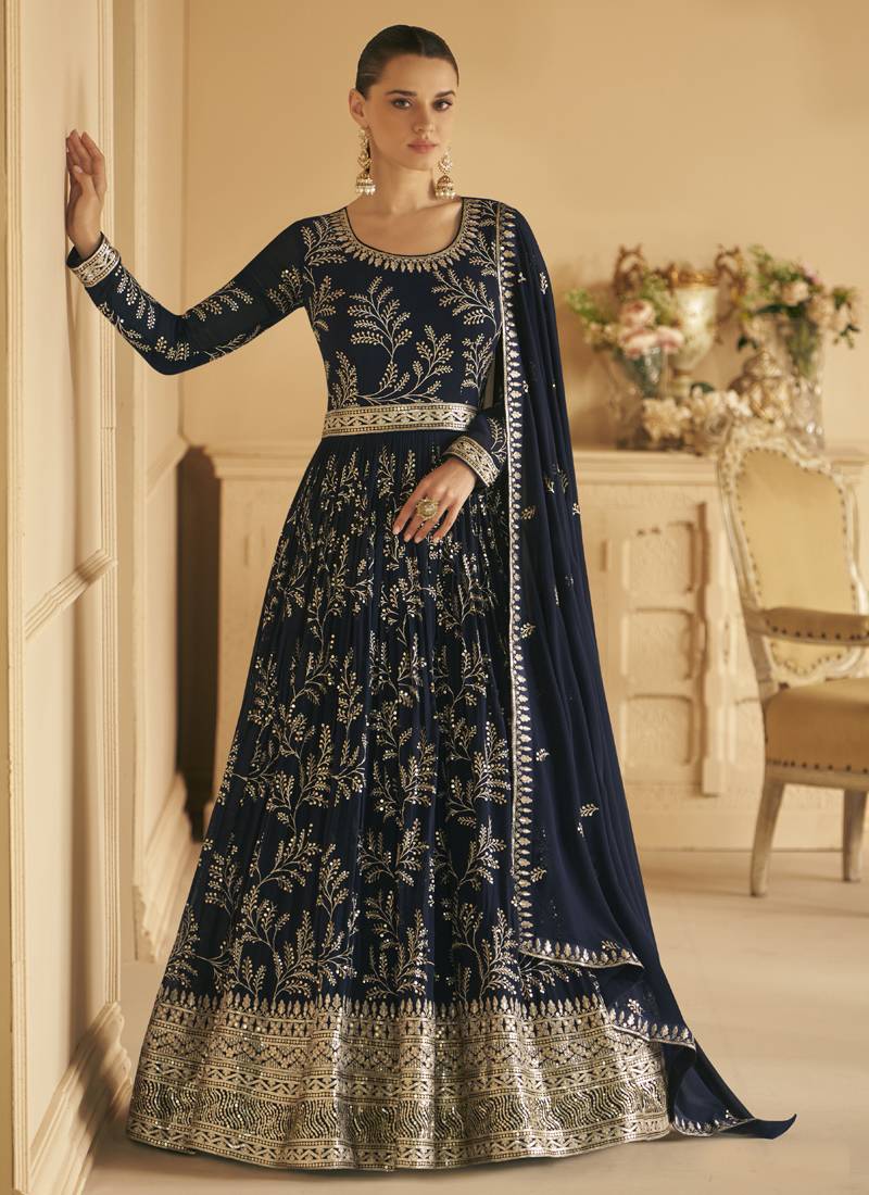 Readymade Blue Block Printed Anarkali Suit