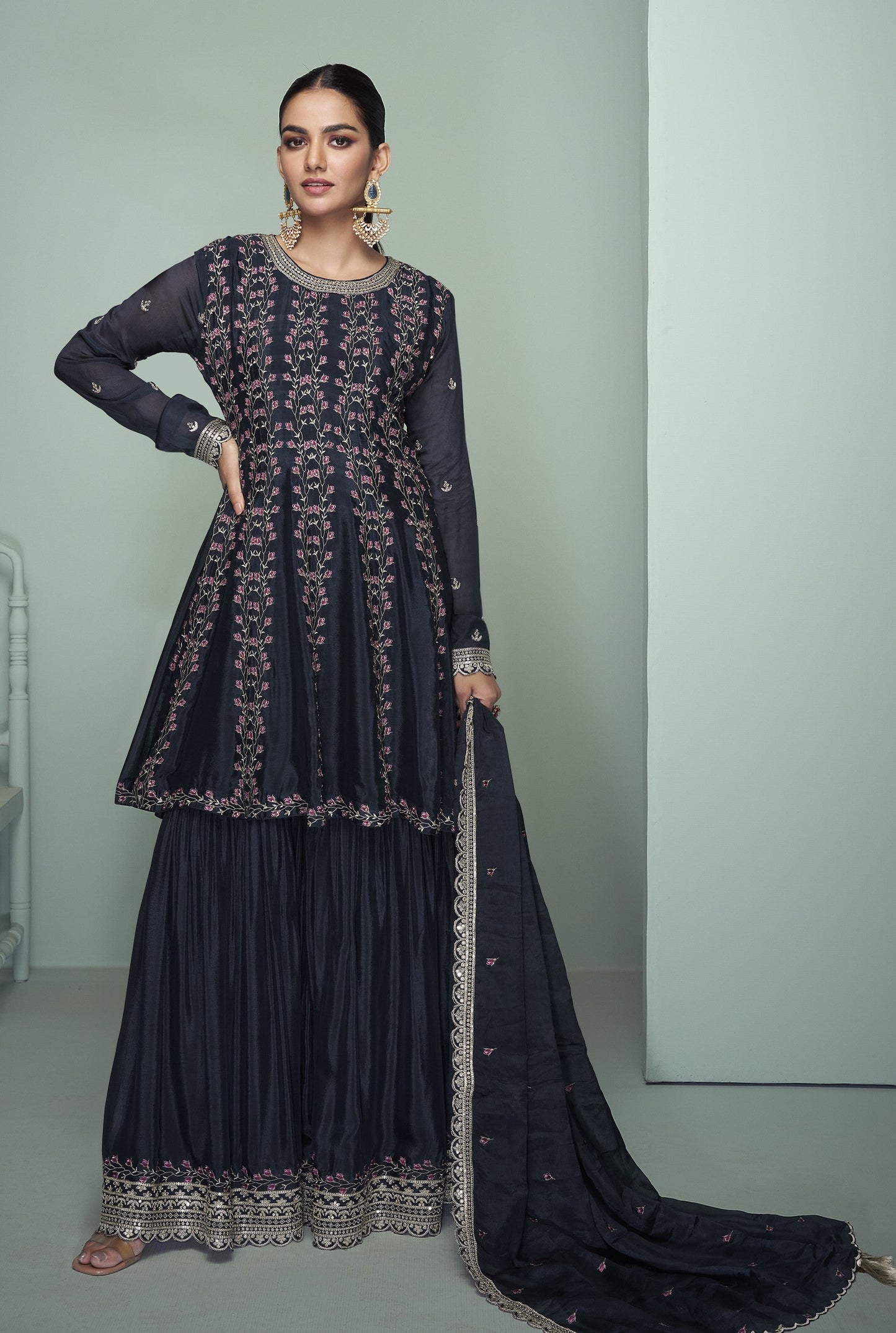 Black Coluer Partywear Embroidery Palazzo Suit