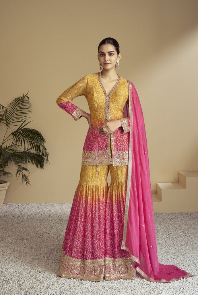 Orange Chinon Fabric Partywear Sharara Salwar Suit