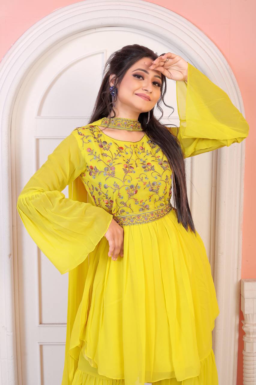 Indian Style Partywear Designers Yellow Sharara Dress