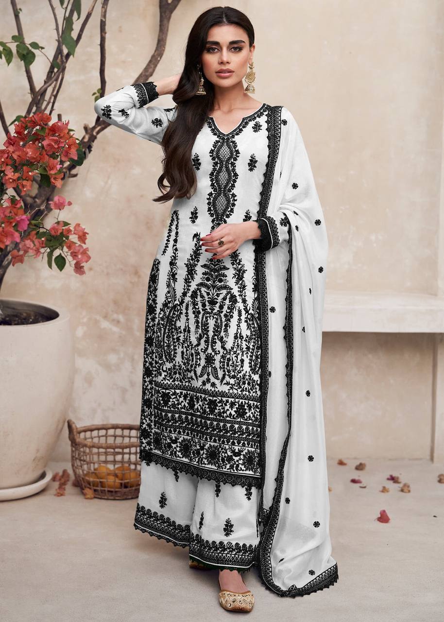 Black And White Chikankari Kurta With Palazzo Salwar Suit Set