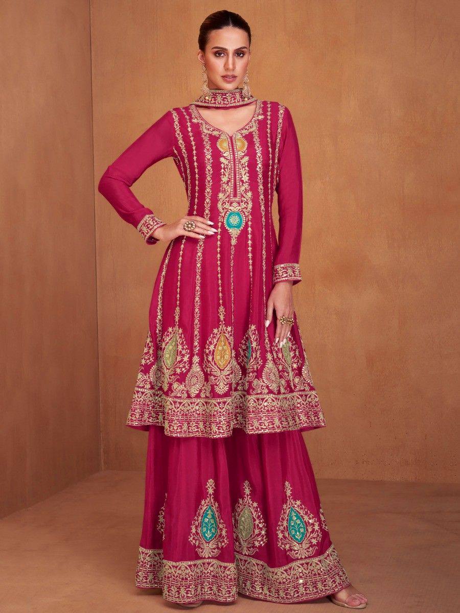 Dream Pink Palazzo Pants with Vibrant Floral Embroidery Suit Dress