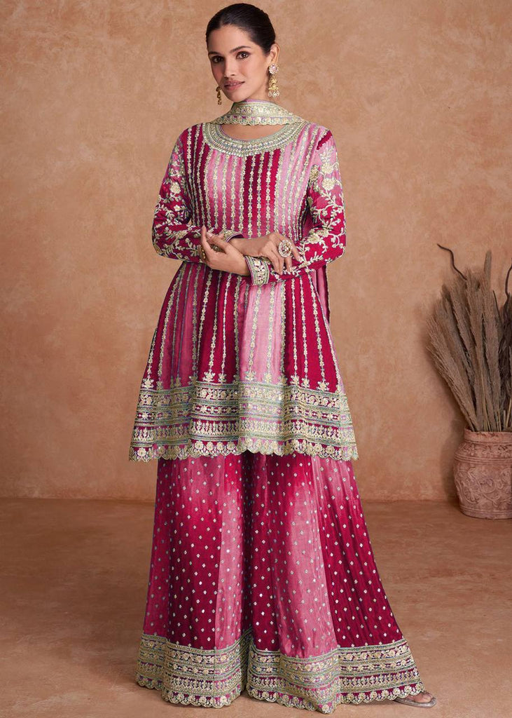 Pink Color Chinon Base Party Wear Sharara Suit