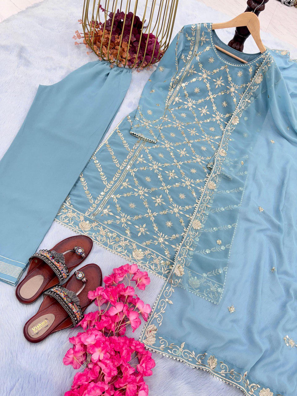 Blue Colure Heavy Embroidery Partywear Salwar Palazzo Pent