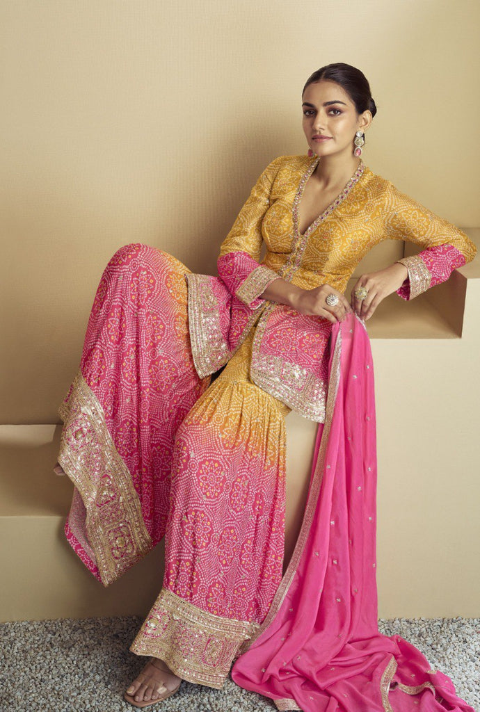 Orange Chinon Fabric Partywear Sharara Salwar Suit