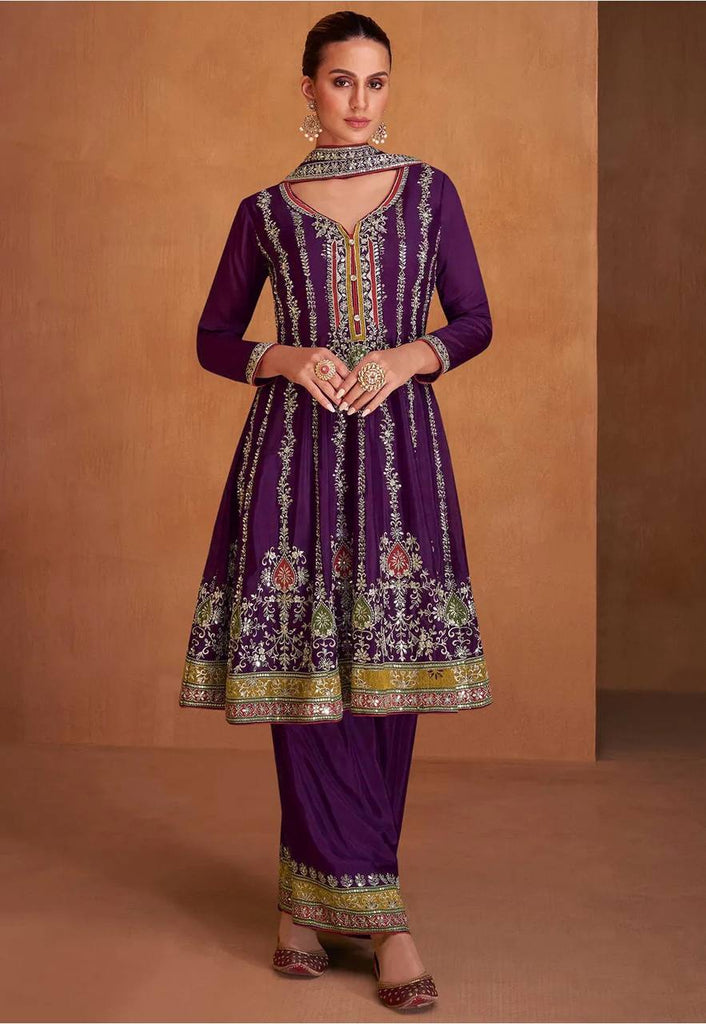 Superb Purple Color Chinon Fabric Partywear Suit