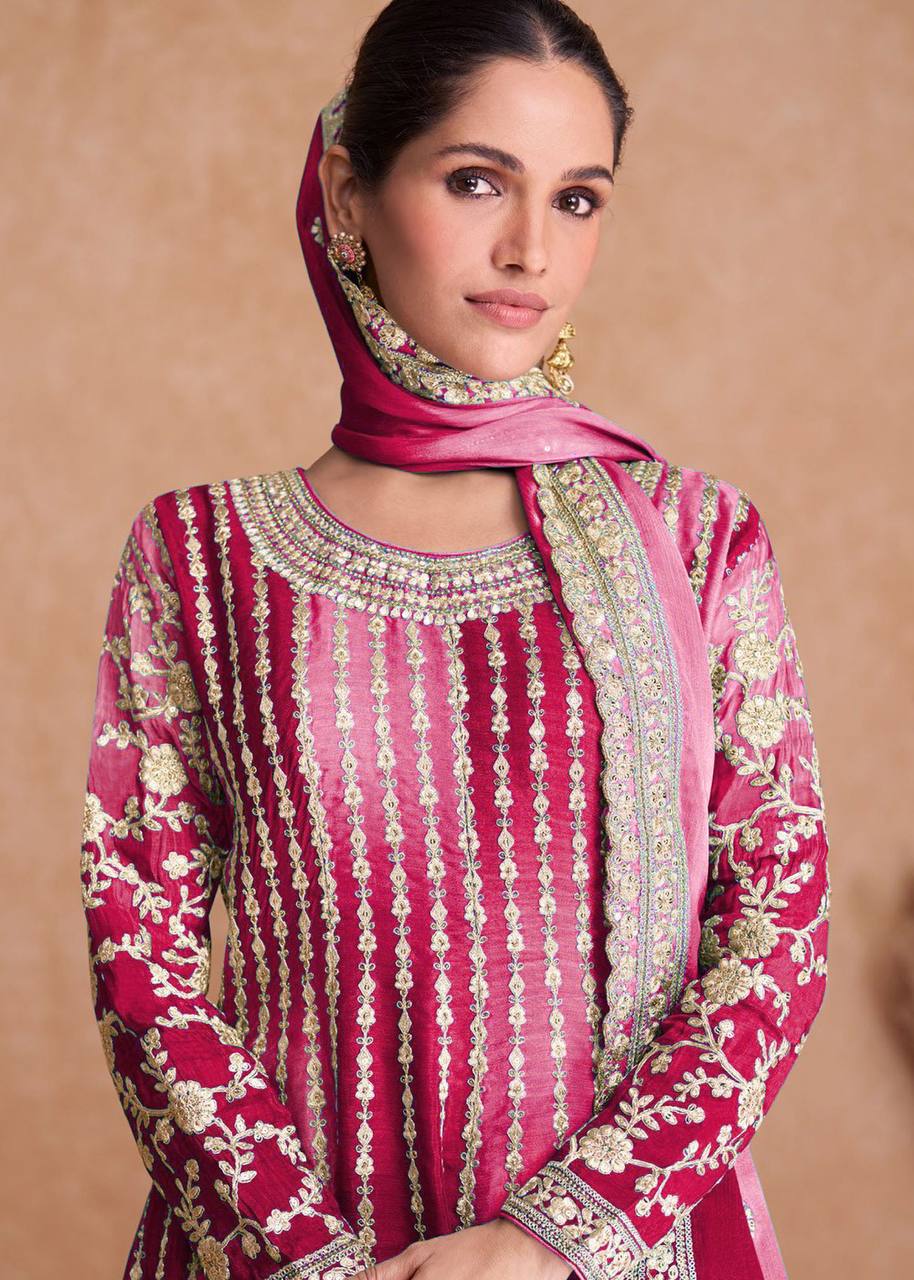 Pink Color Chinon Base Party Wear Sharara Suit