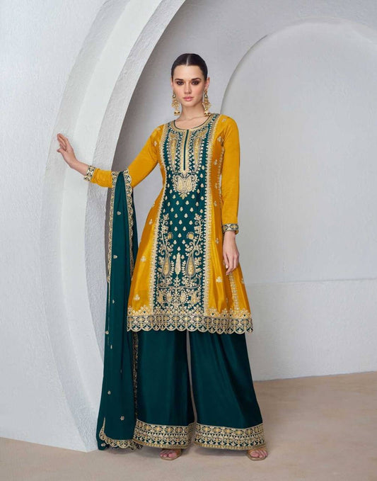 Yellow Color Readymade Indian Partywear Salwar Plazzo Suit